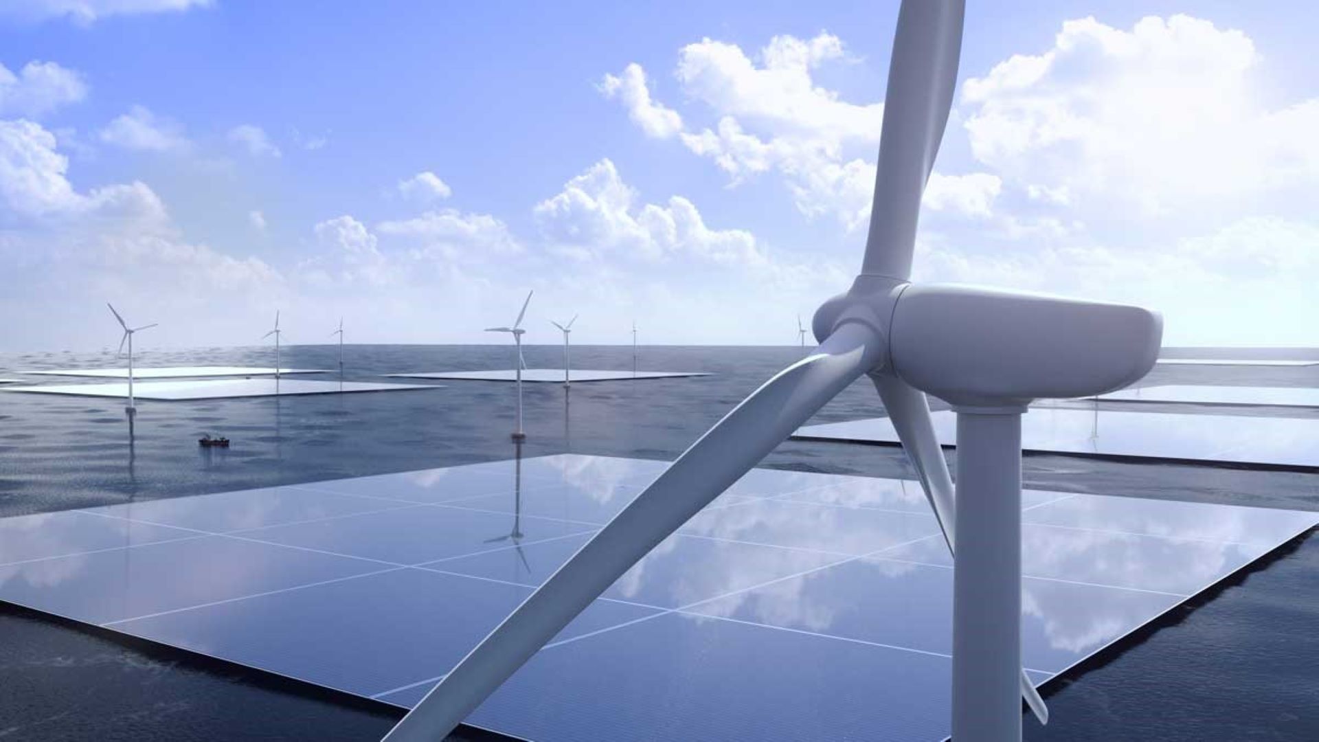 Windturbines op zee gecombineerd met floating solar